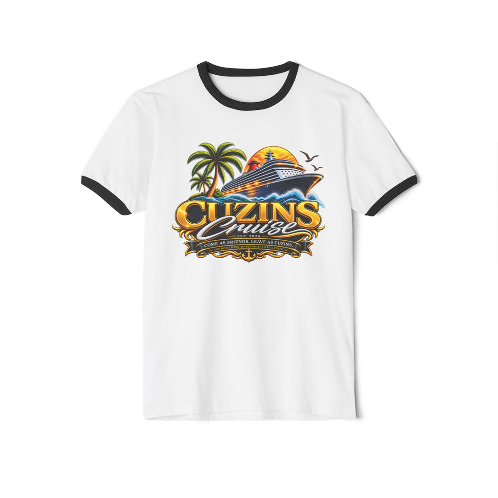 Cruise Vibes Ringer T‑Shirt — “Cuzins Cruise” Tropical Cruise Graphic