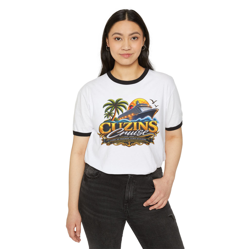 Cruise Vibes Ringer T‑Shirt — “Cuzins Cruise” Tropical Cruise Graphic
