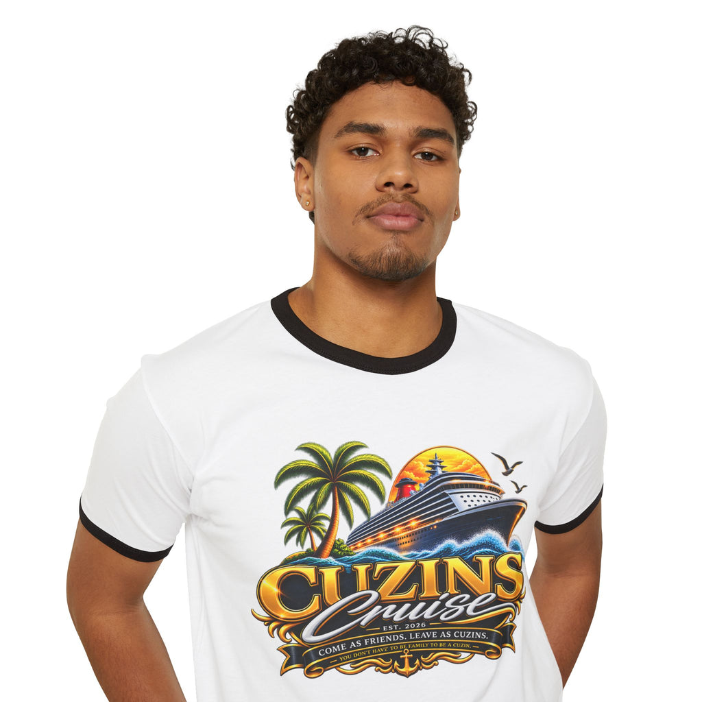 Cruise Vibes Ringer T‑Shirt — “Cuzins Cruise” Tropical Cruise Graphic