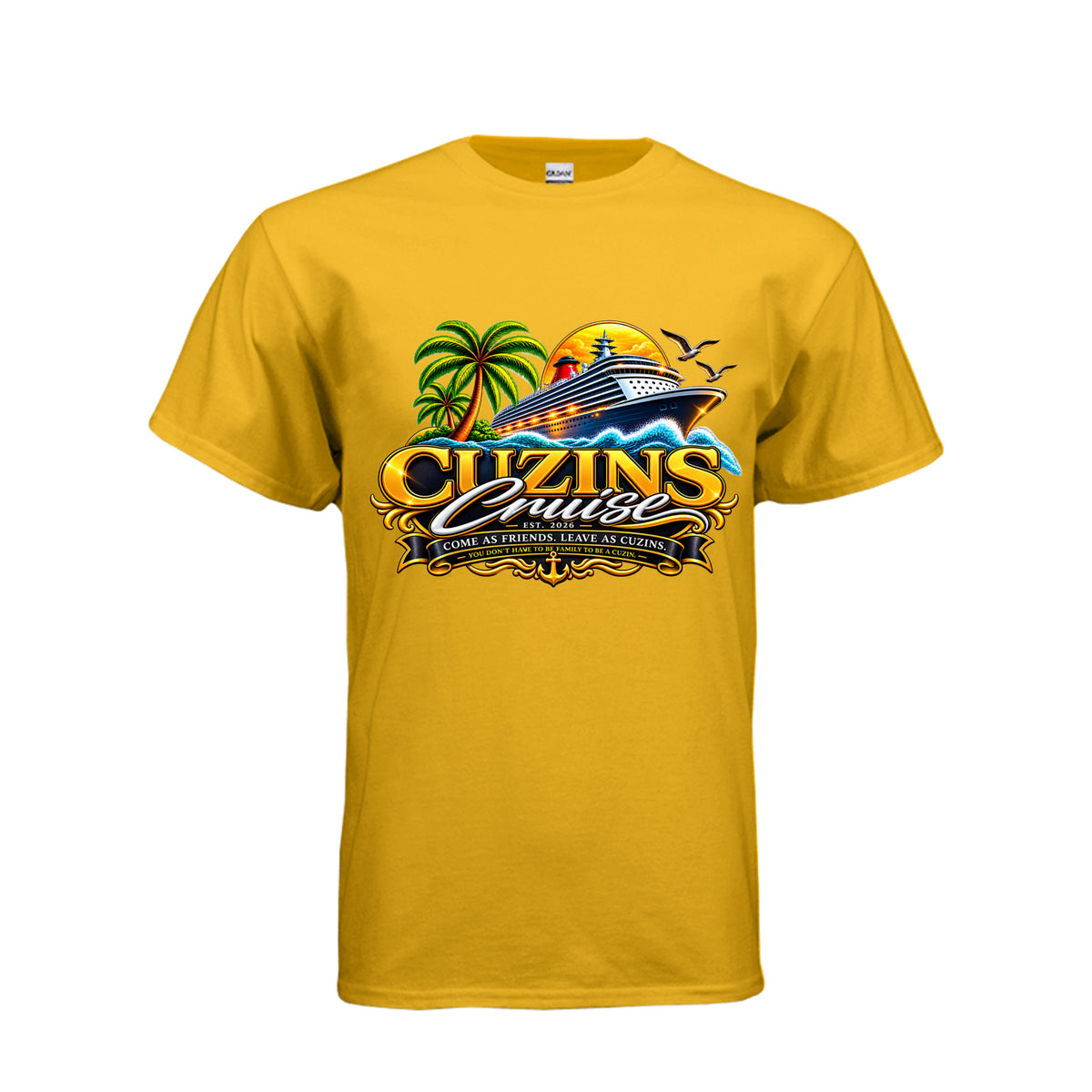 Official Cuzins Cruise Tee in Gold - front view